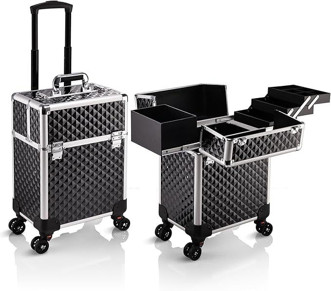 Stagiant Rolling Makeup Train Case Large Storage Cosmetic Trolley 4 Tray with Sliding Rail Removable Middle Layer with Key Swivel Wheels Salon Barber Case Traveling Cart Trunk by Stagiant