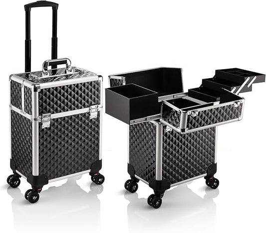 Stagiant Rolling Makeup Train Case Large Storage Cosmetic Trolley 4 Tray with Sliding Rail Removable Middle Layer with Key Swivel Wheels Salon Barber Case Traveling Cart Trunk by Stagiant