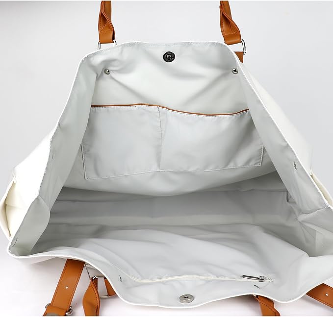 Lamyba Beach Bag with Vegan Leather Handle, Extra Large Beach Bag for Women Waterproof Sandproof, White | with Vegan Leather Handle - Image 2