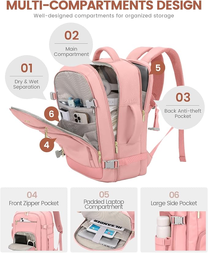 LOVEVOOK Travel Backpack For Women, 40L Carry On Backpack Flight Approved, TSA Personal Item Backpack Fits 17 Inch Laptop, Business Weekender Overnight Waterproof Daypack With 2 Packing Cubes, Pink - Image 2