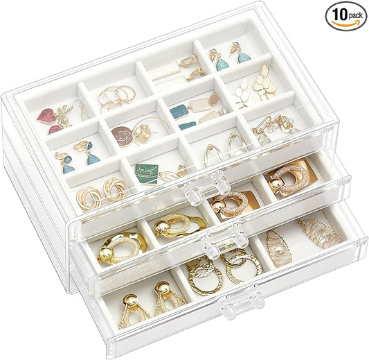 ProCase Earring Holder Organizer Jewelry Box with 3 Drawers, Acrylic Clear Earring Case with Adjustable Velvet Trays for Women - Warmwhite, 3 Layers by ProCase