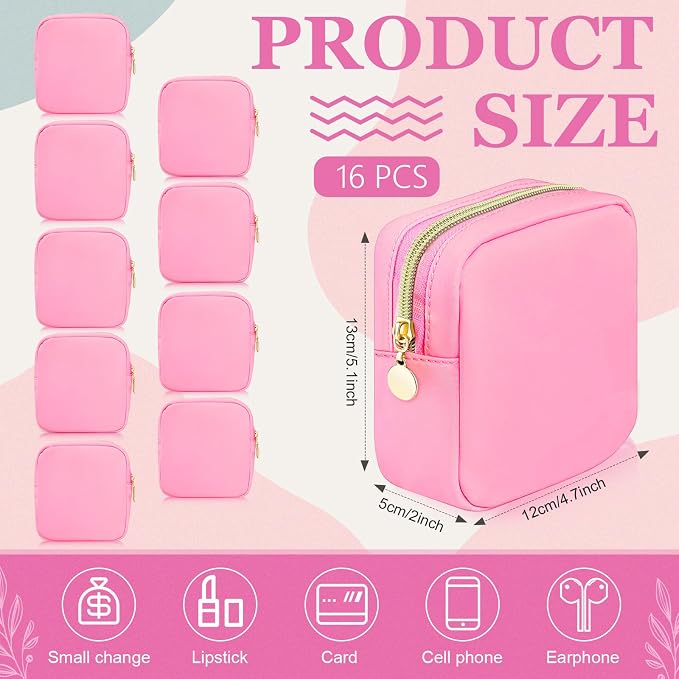 Giesiery Bulk 16 Pcs Preppy Makeup Bags Pink Nylon DIY Craft Zipper Pouch for Bridal/Proposal Gifts, Travel Toiletry Organizer - Image 3