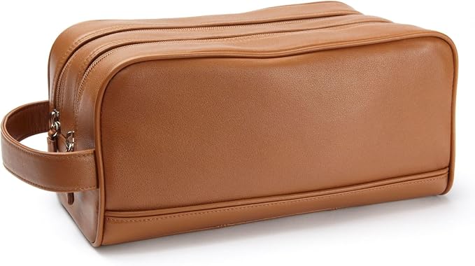 Leatherology Cognac Double Zip Toiletry Bag – Full-Grain Leather Men's Dopp Kit with Dual Compartments, Water-Resistant Lining & Top-Stitched Handle - Image 3
