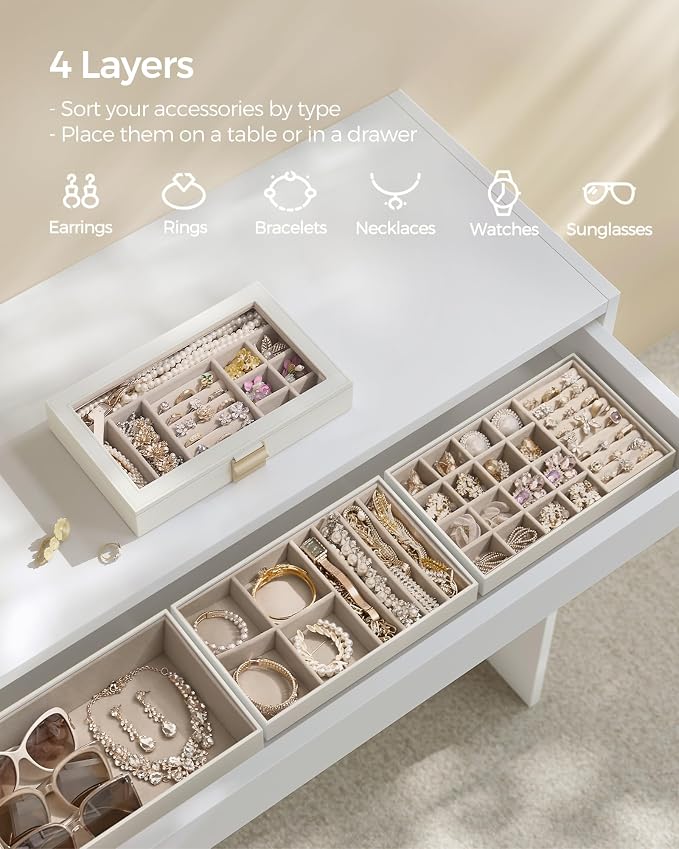 SONGMICS GISELLA Collection - Stackable Jewelry Trays, 4-Tier Jewelry Box, Drawer Jewelry Organizer, with Glass Lid, Removable Dividers, 6.7 x 11 x 7.2 Inches, Gift Idea, Cloud White UJBC164W01 - Image 3
