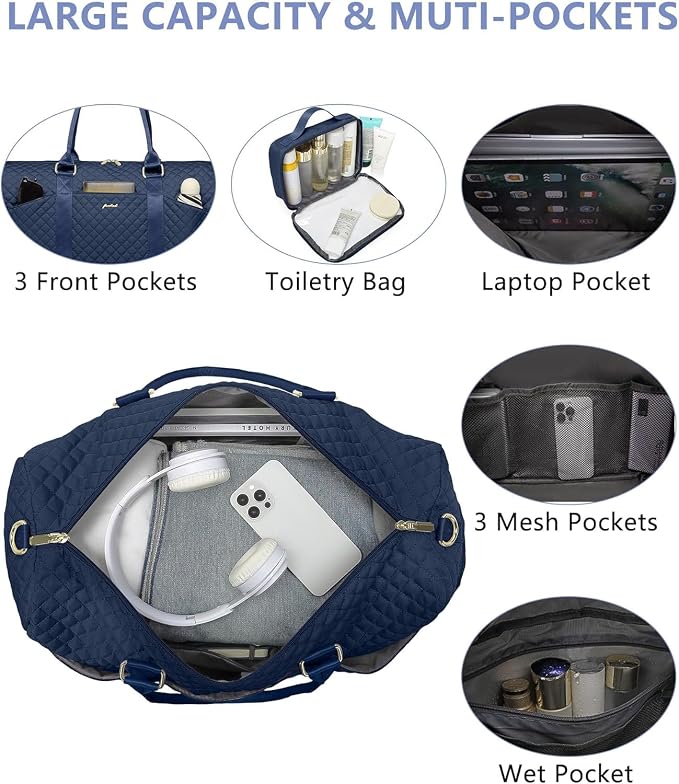 Women Weekender Travel Duffle Bag: Travel Duffel Overnight Bags with Shoe Compartment Large Carry on Tote with Toiletry Bag Weekend Traveling Yoga Gym Hospital Bag for Women with Wet Pocket Blue - Image 2