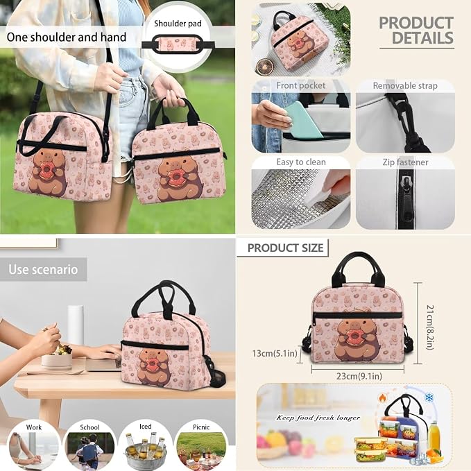 4 PCS Backpack for Kids Elementary Student Capybara Backpacks with Insulated Lunch Box Pencil Case Water Bottle Holder Carrier Bag Pink - Image 7