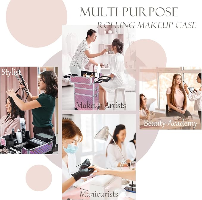 3 in 1 Professional Rolling Makeup Train Case Aluminum Trolley Case with 360° Rotation Wheels for Makuep Artist Cosmetic Suitcase Organizer with Lock and Key Diamond Pattern - Pink - Image 3