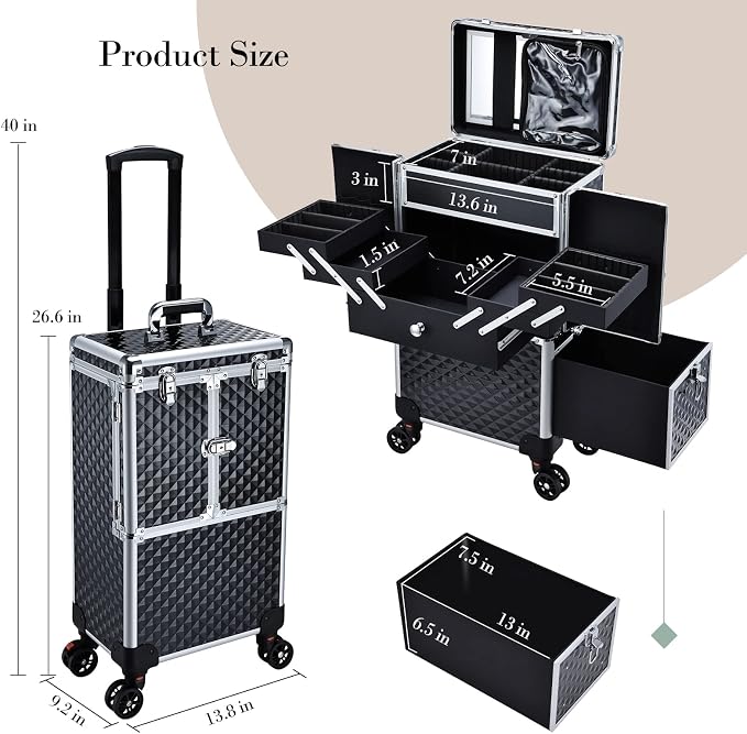 Professional Makeup Train Case Extendable Cosmetology Case on wheels | Rolling makeup station with a drawer and trays, ideal for makeup artists or dance competitions. Super organized. - Image 6