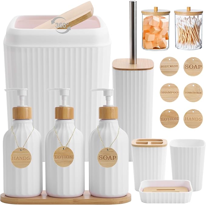 Bathroom Accessories Set White Bathroom Set with Trash Can,3PCS Lotion Soap Dispenser, Toothbrush Holder, Soap Dish,Tumbler Cup,6pcs Wood Tags White Bath Accessories with Tray for Bathroom Decor by BetterbathroomwithXLHOME