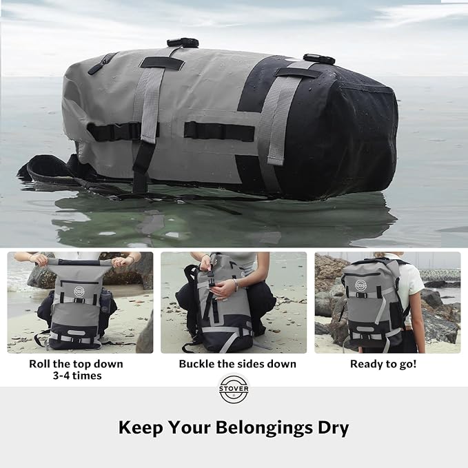 STOVER 30/40/55L Waterproof Dry Backpack & Phone Case- X-Large Floating Dry Bag for Kayaking, Travel, Hiking, Fishing, Camping, Motorcycles & Beach, Heavy-Duty Roll Top Men/Women (Grey) - Image 4