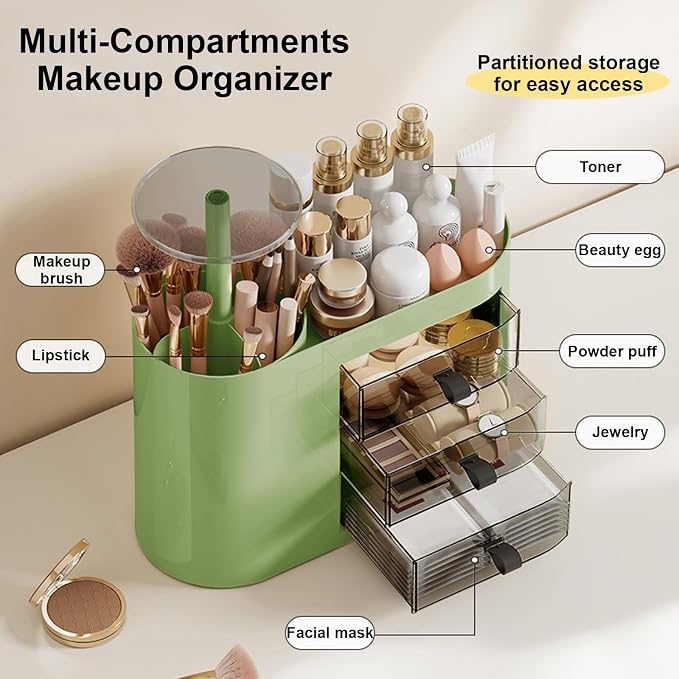 DASITON Makeup Organizer with 3 Drawers,Automatic Lifting Makeup Brush Holder with Lid,Large Capacity Makeup Organizers for Vanity,Bathroom Countertop,Ideal Storage Skin Care,Brushes,Lipstick (Green) - Image 2
