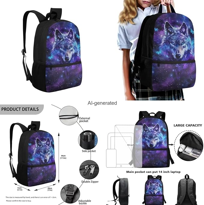 Galaxy Wolf Backpack for Girls Kids Backpack with Lunch Box Water Bottle Holder and Aesthetic Pencil Case 4PCS Set Bookbag with Front Pocket for School 17" Sturdy School Bag with Side Pocket - Image 3