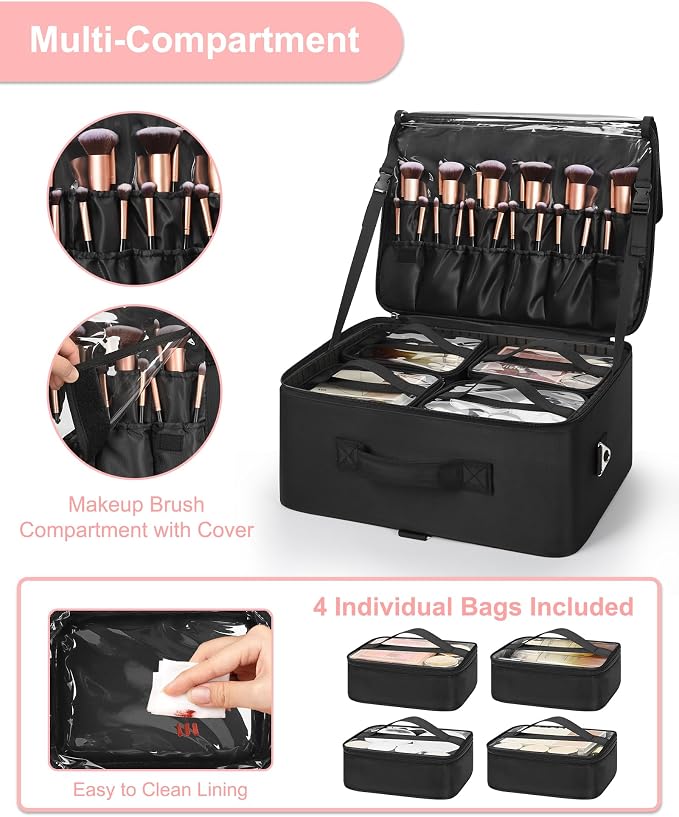 Relavel Extra Large Cosmetic Case, Travel Makeup Bag with 4 Clear Pouches & Lipstick Plate, Portable Cosmetic Case Storage Organizer Box for Makeup Artists with Shoulder Strap & Adjustable Dividers - Image 3