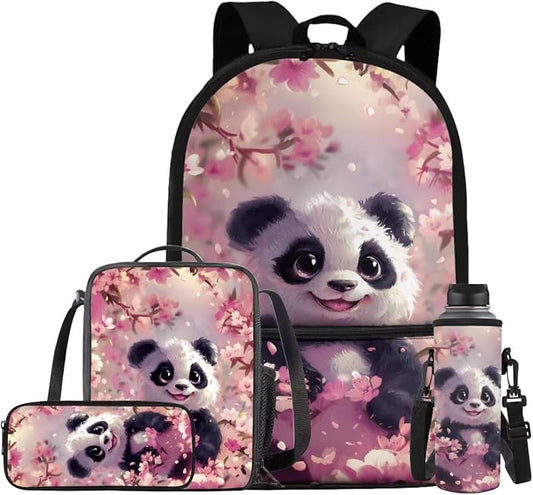 Cherry Blossom Panda Backpack for Girls Kids Backpack with Lunch Box Water Bottle Carrier and Aesthetic Pencil Case 4PCS Set Bookbag with Front Pocket for School 17 inch Large Cute School Bag by ELEDIZI