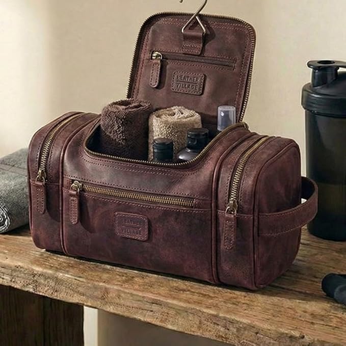 LEATHER VILLAGE Genuine Leather Travel Dopp Kit for Men & Women – Water-Resistant Large-Capacity Hanging Toiletry Bag for Travel, Grooming, Bathroom Organization, Shaving Essentials & Gym Use - Cherry - Image 8