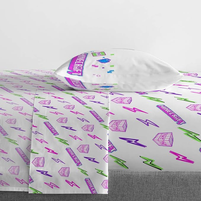 Jay Franco Kids Sheet Set with Fitted, Flat Sheets & Pillow Cover - Ultra-Soft Bedding with Pillowcase for Room Decor, Purple - Minecraft, 3 Piece Twin - Image 6
