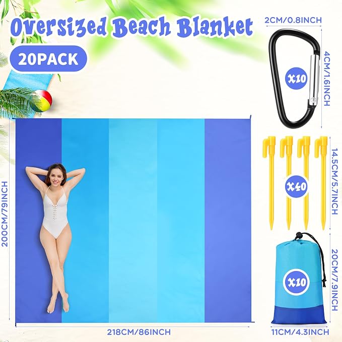 Weysat 20 Sets Beach Blankets Sandproof 78 x 82'' Bulk Large Waterproof Beach Mat for 1-6 Adults Oversized Sand Free Beach Blanket with Stakes Climbing Hook Storage Bag for Travel Camping (Joint Blue) - Image 2