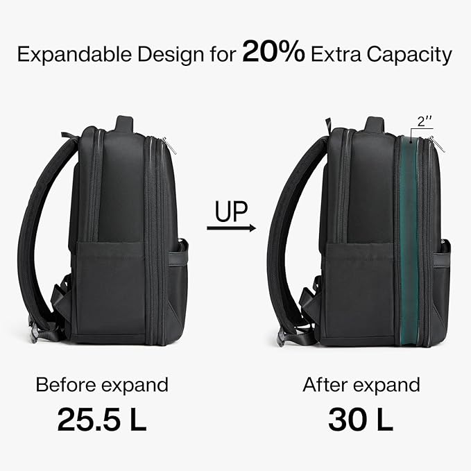 Hanke Expandable Travel Backpack 17 Inch, Full-Open Laptop Backpack, Black | Fits 15.6 Inch Laptop, Water-Resistant, Carry On Personal Item Bag, 20L-25L, Trolley Sleeve, Business Work Bag for Women Men - Image 4