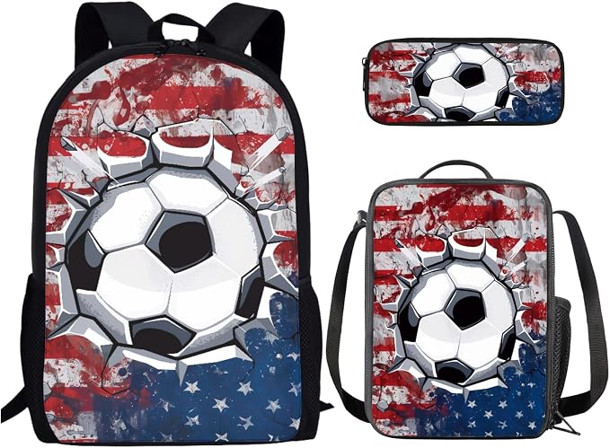 Patriotic American Flag Casual Daypack Set for Teen Girls, 3D Soccer Backpack Set with Insulated Lunch Box and Pen Bag, Large Lightweight School Bag Set Suitable for Boys and Girls by PCSJRKG