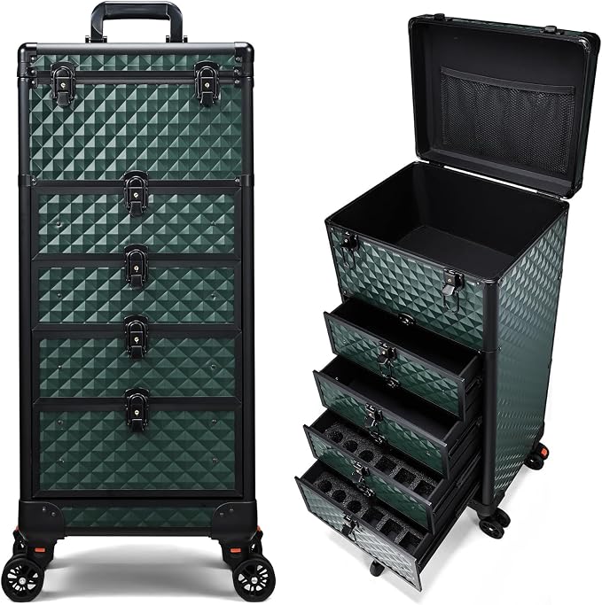 Yueieoun Nail Salon Cart with 4 Drawers,Rolling Makeup Train Case for Beauty,Cosmetology Case on Wheels Trolley Cart,Lockable Organizer Travel Case for Manicure/Face Painting/Hairstylist,DARK GREEN by Yueieoun