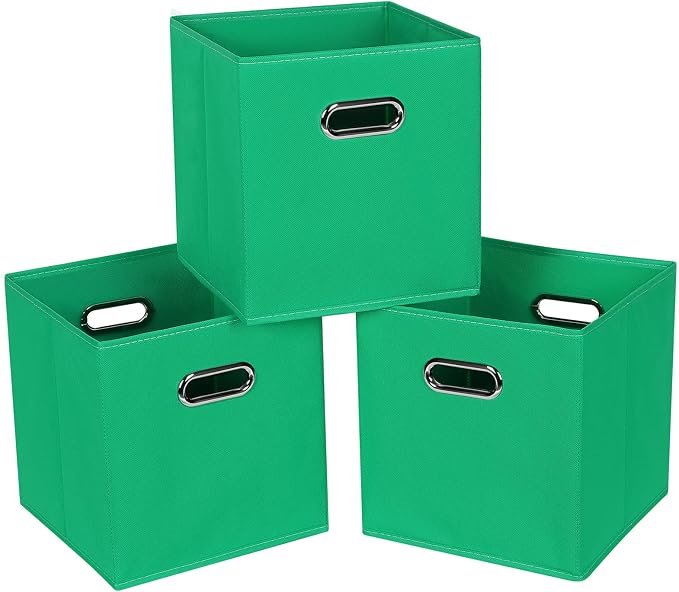 Fabric Cloth Storage Bins,Fabric Cube Bins Organizer with Dual Handles Foldable Cube Storage Baskets for Home Bedroom Storage,Set of 3,(Green) by SEVENDOME