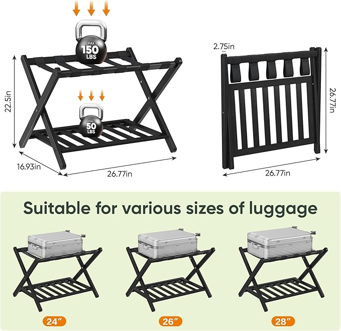 Smart FENDEE Fully Assembled Black Luggage Rack, Suitcase Stand with Shoe Shelf, Folding Wooden Luggage Stand for Guest Room, Bedroom, Hotel - Image 7