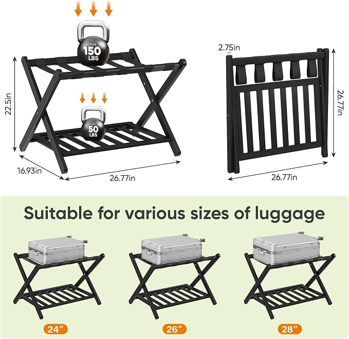 Smart FENDEE 2 Packs Fully Assembled Black Bamboo Luggage Racks with Shoe Shelf, 5 Straps Folding Suitcase Stand, Heavy Duty Luggage Holders for Guest Room, Bedroom, Hotel - Image 6