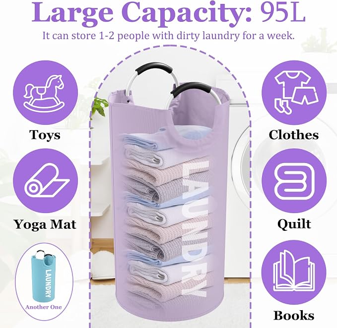 Set of 2 Collapsible Laundry Baskets with Handles, 95L Big Laundry Hampers for Bedroom, Waterproof Clothes Baskets, Independent Dirty Clothes Hamper for Travel, Nursery, Purple/Blue - Image 2