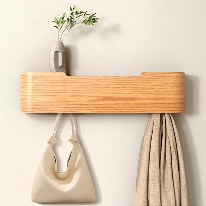 Wall Mounted Coat Rack with Shelf, Wooden Entryway Organizer with Hidden Metal Hooks for Hanging Coats Bags Keys, Modern Floating Shelf for Hallway Bathroom by VERASCOT