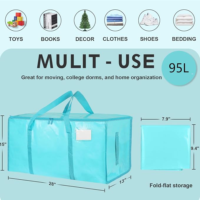 4 Pack-Extra Large Heavy Duty Moving Bags - Waterproof Storage Totes with Handles & Zippers, Foldable for College Dorm, Storage (lake blue) - Image 2