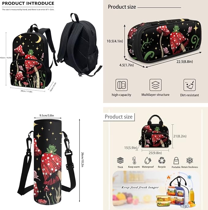 4 PCS Cute Frog Mushroom Backpack Girls Moon Stars Mushroom Schoolbag With Insulated Lunch Bag Crossbody Water Holder Case Pencil Box,Child School Bag Sets for Travel/Sports/Hiking - Image 3
