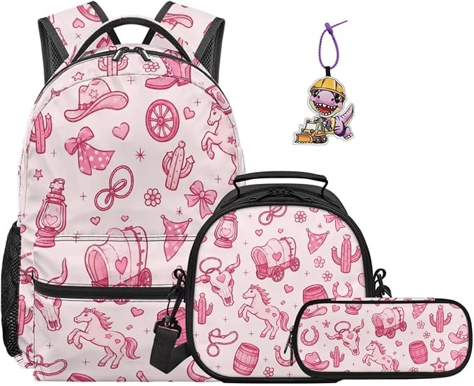 Cute Cowgirl Backpack Set for Girls, Wild West Themed 4-Piece School Bag with Lunch Box, Western Country Girl Bookbag for Elementary School, Cowboy Style Kids Bag by Dremagia