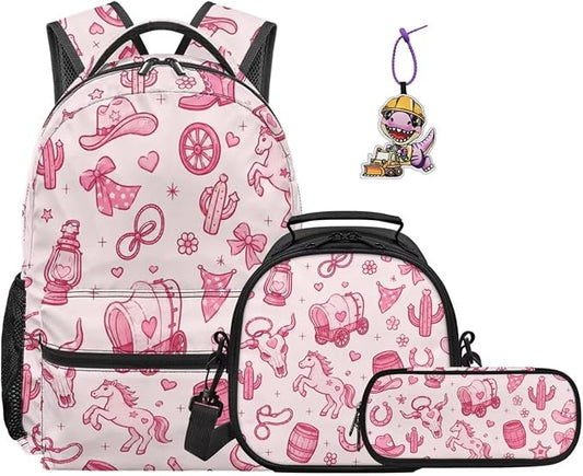 Cute Cowgirl Backpack Set for Girls, Wild West Themed 4-Piece School Bag with Lunch Box, Western Country Girl Bookbag for Elementary School, Cowboy Style Kids Bag by Dremagia