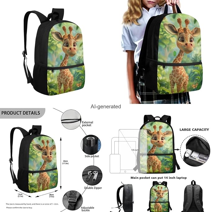 Giraffe Backpack for Girls Kids Backpack with Lunch Box Water Bottle Bag and Cute Pencil Case 4PCS Set Bookbag with Front Pocket for School 17 inch Lightweight School Bag for Elementary Girls - Image 3
