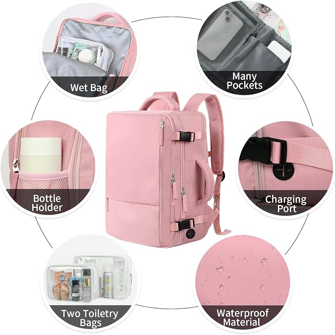 Hanples Travel Backpack for Women, 17 Inch Waterproof Laptop Backpack | 35L Carry on Backpack, TSA Flight Approved Anti Theft Travel Bag, Casual Daypack with 2 Toiletry Bags for Trips, Pink - Image 5