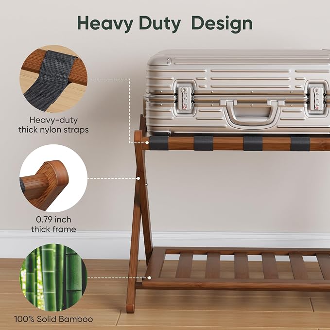 Smart FENDEE Fully Assembled Bamboo Luggage Rack, Walnut Folding Suitcase Stand with Shoe Shelf, Heavy-Duty Luggage Holder for Guest Room Must Haves, Bedroom, Hotel, 1 Pack - Image 4