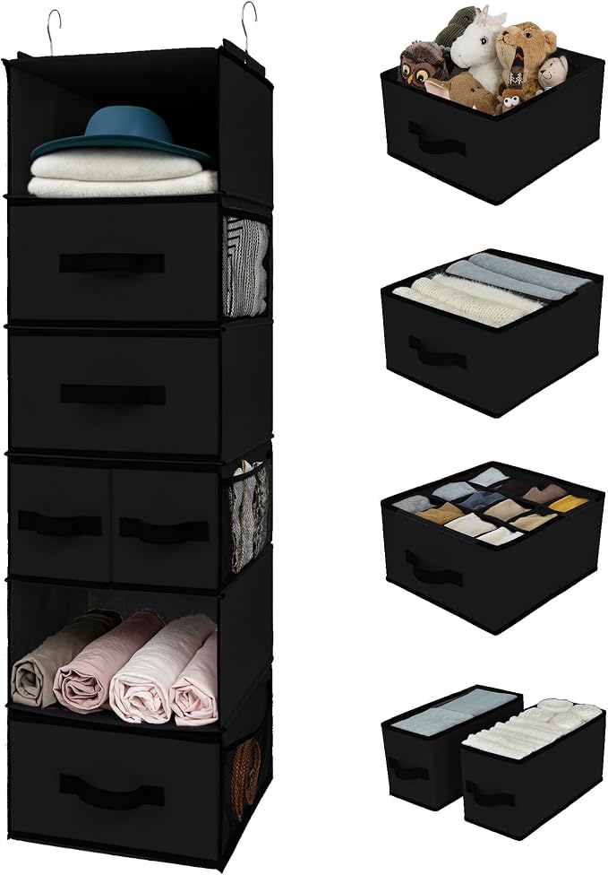 GRANNY SAYS Hanging Closet Organizer 6 Shelves, Closet Organization and Storage with 5 Different Drawers, 6 Side Pockets Wardrobe Clothes Organizer for Closet, Black, 1-Pack by GRANNYSAYS