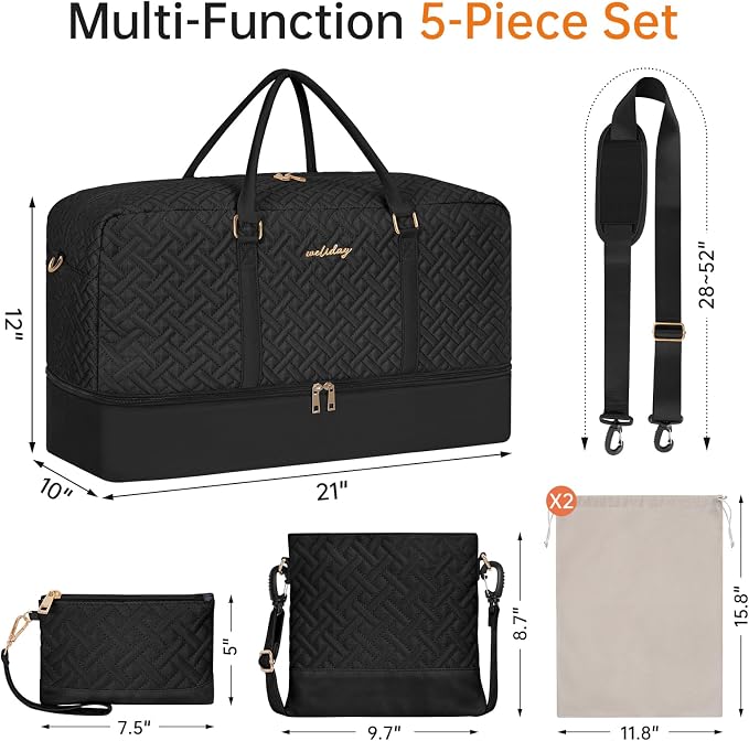 Weekender Bag for Women, 5 Pcs Set Carry on Overnight Bag, 21" Travel Duffel Bag with Waterproof Shoe Compartment for Weekend Travel Business Trip - Image 2