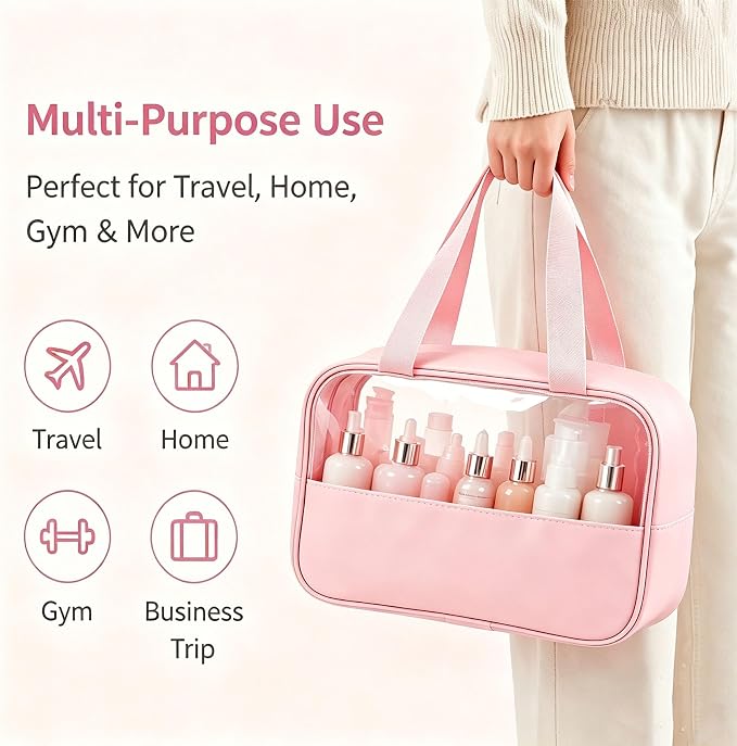 12 Pcs Pink Translucent Make up Bag, Waterproof Toiletry Bags with Handle, Portable Travel Cosmetic Organizer Pouches for Women Girls Travel Daily Use - Image 6