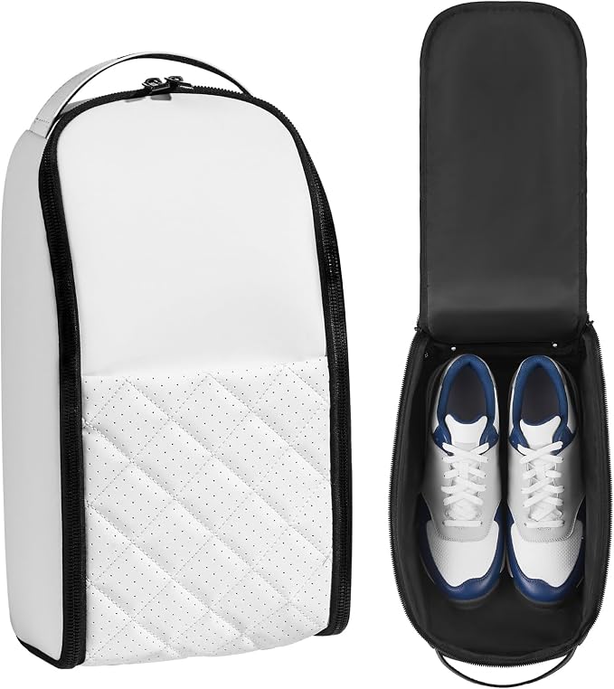 Premium PU Leather Golf Shoe Bag for Men & Women,Lightweight Golf Shoes Organizer with Smooth Full-Zip Opening, Travel Golf Shoe Bag with Handle (White) by GEESEE