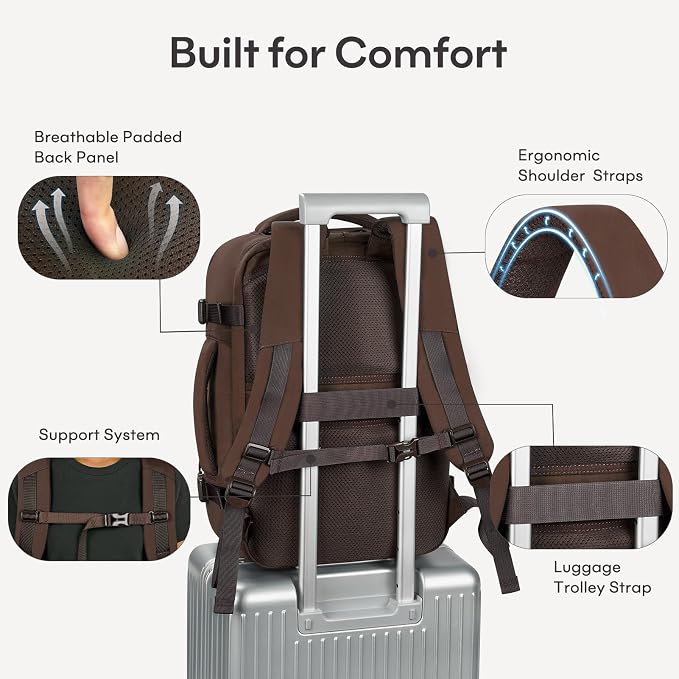mibasies 30L Travel Backpack for Women & Men: Carry On Luggage Flight Approved, TSA Laptop Backpack with Water Bottle Pocket, Personal Item Bag Fits 15.6" Laptop for Weekender Business - Mocha Brown - Image 8