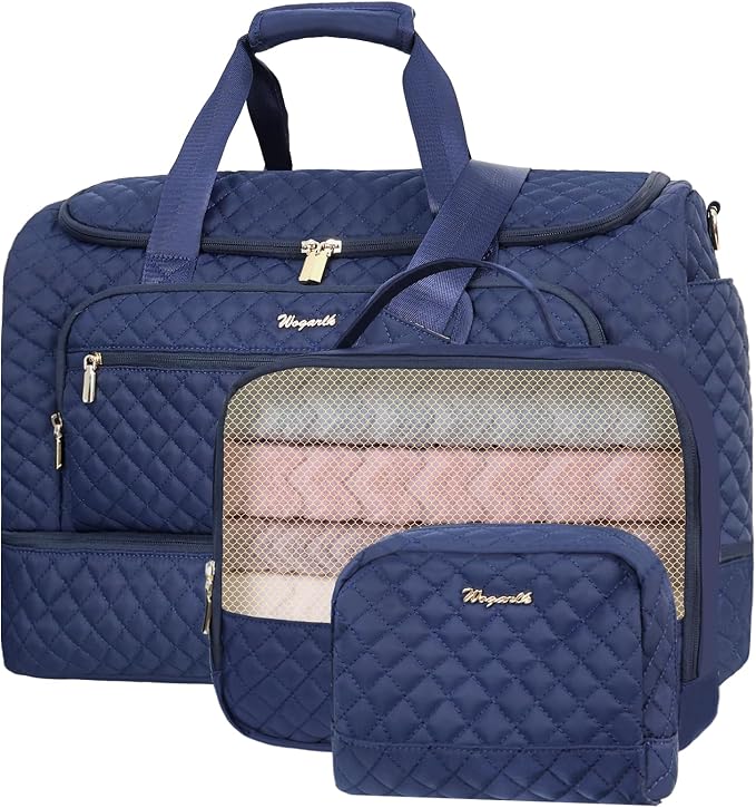 Wogarl 3PCS Weekender Bags for Women Large Overnight Bag Weekend Travel Duffel Bag Carry on Shoulder with Shoe Compartment Canvas Toiletry Bag for Travel Business Gym,Dark Blue by Wogarl