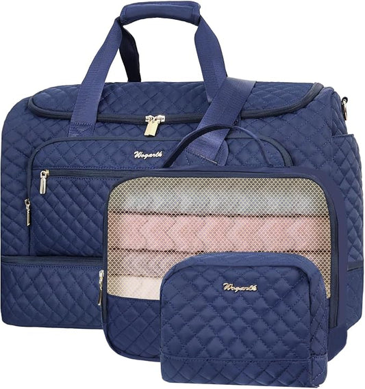 Wogarl 3PCS Weekender Bags for Women Large Overnight Bag Weekend Travel Duffel Bag Carry on Shoulder with Shoe Compartment Canvas Toiletry Bag for Travel Business Gym,Dark Blue by Wogarl