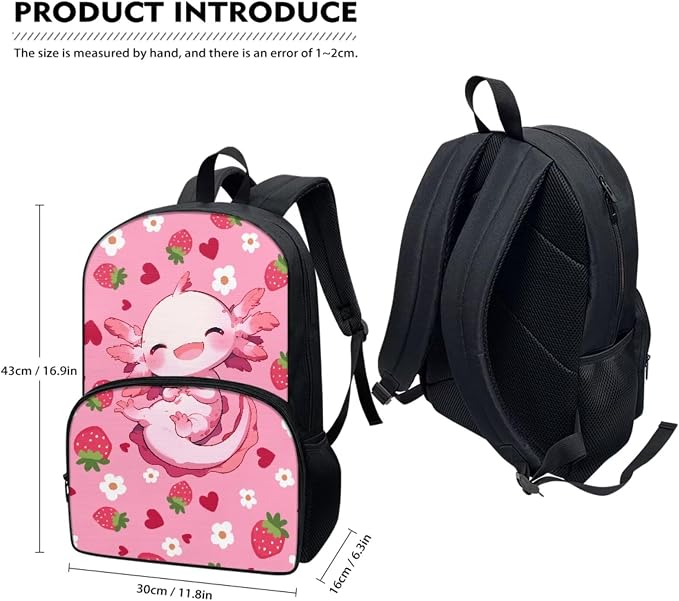 Axolotl Backpack for Girls 17Inch School Bag Set | Girls Schoolbag Strawberry Backpack Set with Lunch Box and Pencil Pouch 17 Inch Laptop Bag Casual Daypack, 3Pcs - Image 2
