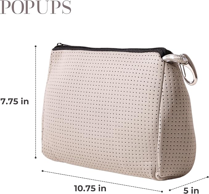 POPUPS Large Makeup Bag with Zipper, Taupe - Waterproof Neoprene Cosmetic Bag 7.7 x 10.75 x 5 inches - Image 3
