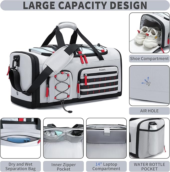 Bosstin Gym Bag for Men & Women, 45L Travel Duffle Sports Duffel Bag Gym Weekender Overnight Backpack with Shoe Compartment (Grey) - Image 3