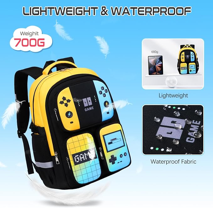 Gamer Backpack for Boys , 3PCS Boys Backpack with Lunch Box & Pencil Pouch, Waterproof School Bags for Boy Kids Children Teens, Elementary Middle School, Kids Book Bag Casual Daypack (Yellow Blue) - Image 4