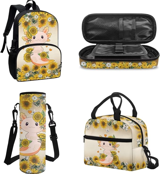 POLERO Cute School Bag Bookbag for Teen Girls Sunflower Axolotl Backpacks with Lunch Box Toddler Kindergarten School Bags Set - Image 2