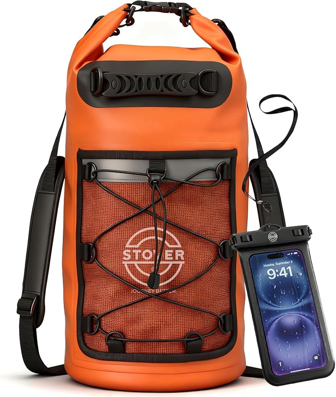 STOVER 5/10/25/30/40L Waterproof Dry Backpack & Phone Case- Large Floating Dry Bag for Kayaking, Travel, Hiking, Fishing, Camping, Motorcycles & Beach, Heavy-Duty Roll Top Men/Women (Orange) by STOVER