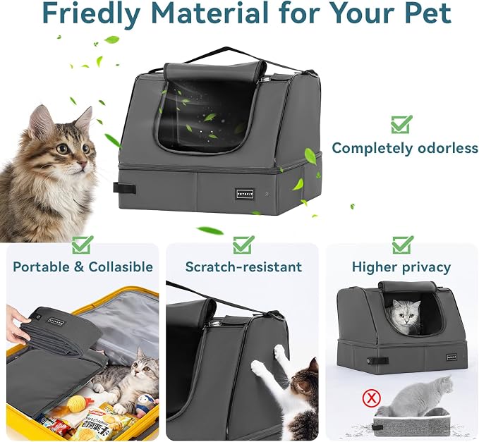 PETSFIT Portable Travel Cat Litter Box with Lid – Collapsible, Leak-Proof & Washable 2-Layer Liner, Sturdy Support Frame, for Hotel/Car/Camping, Cat Travel Essentials for Kitty/Medium Cats Grey - Image 5